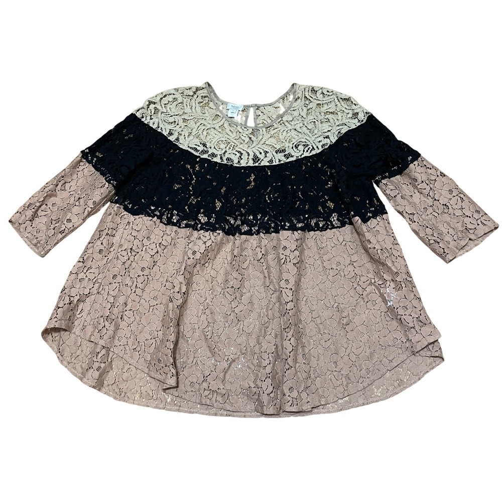 Hoss Intropia Women's 10/12 Sheer Lace Colorblock Blouse 3/4 Sleeve Keyhole Back